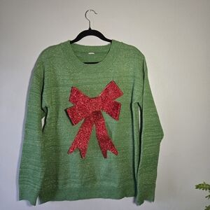 Green Glitter Bow Christmas Sweater – No Size Tag (Fits Like M/L)